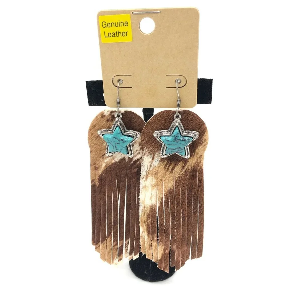 Women's Earrings Genuine Leather with Turquoise Stars